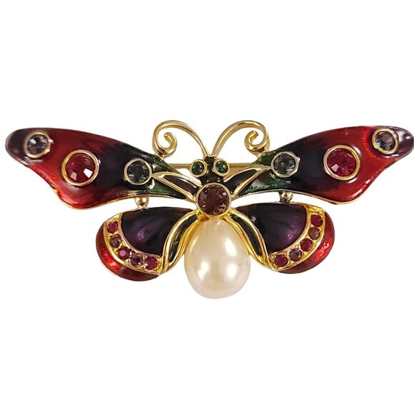 Joan Rivers Gold Tone Enamel Rhinestone Faux Pearl Butterfly Brooch, Signed K523 - Picture 3 of 9